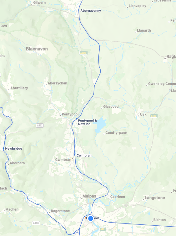 Map showing the locations of Gwent chess club venues, including an enlarged Newport, Malpas and Cwmbran view